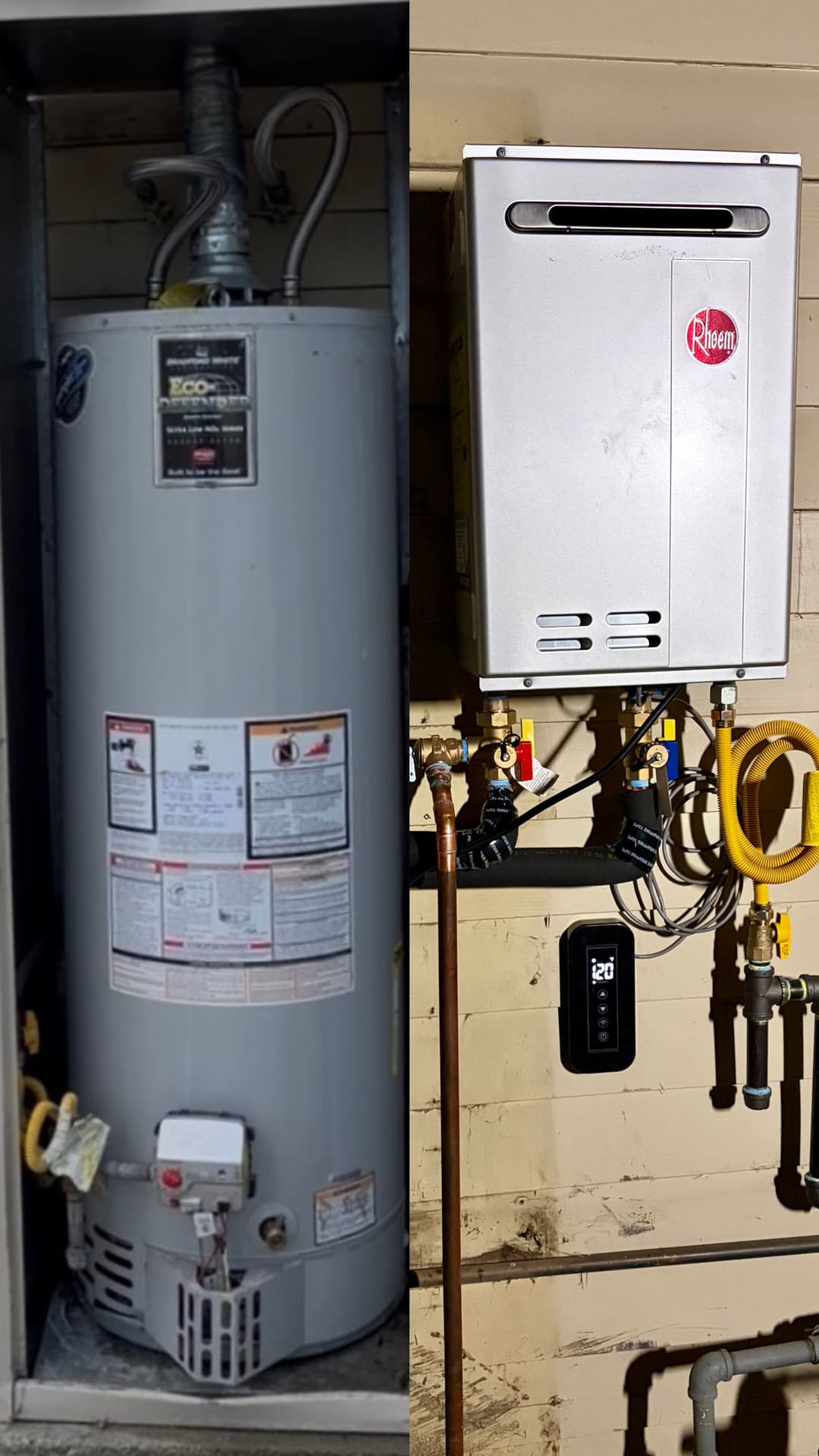 Comparison of a traditional water heater and a modern tankless water heater for efficiency.