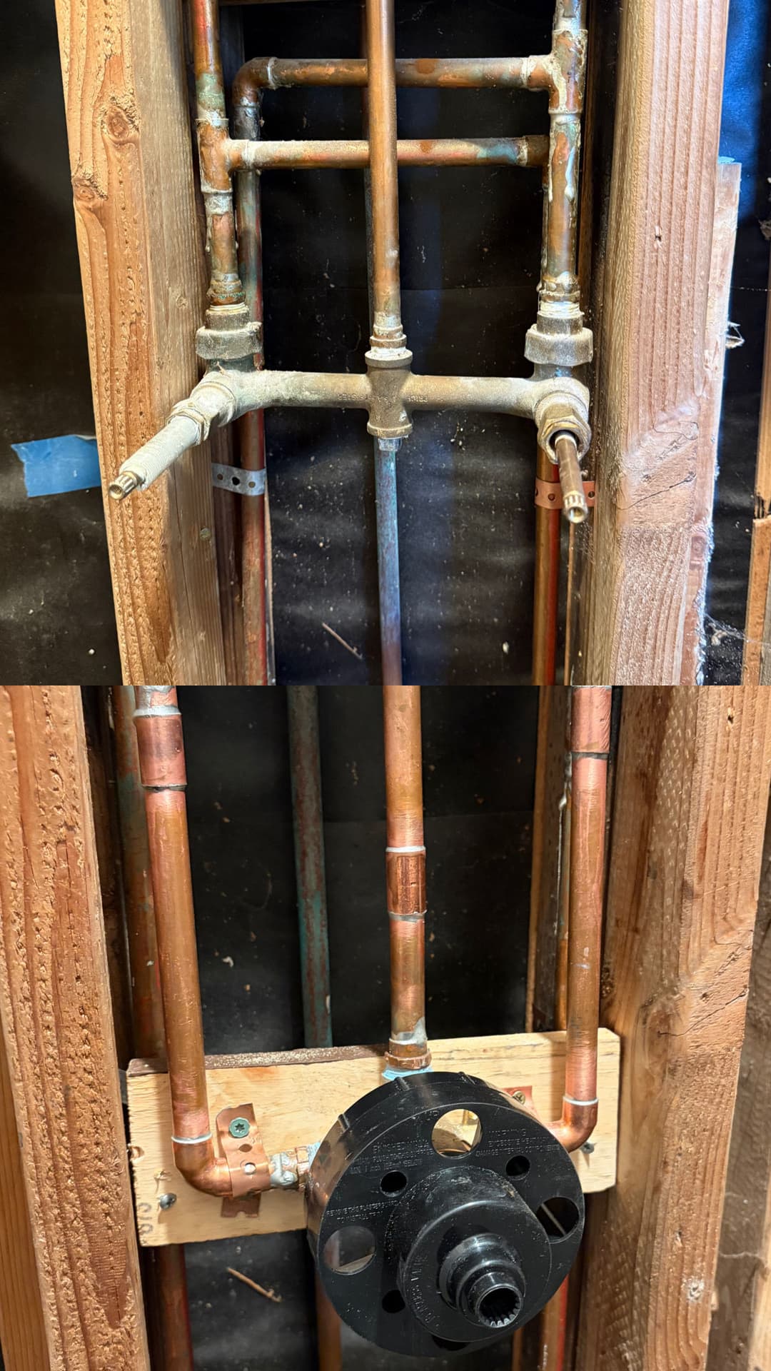 Copper plumbing installation showing water supply lines and valves in a wooden framework.
