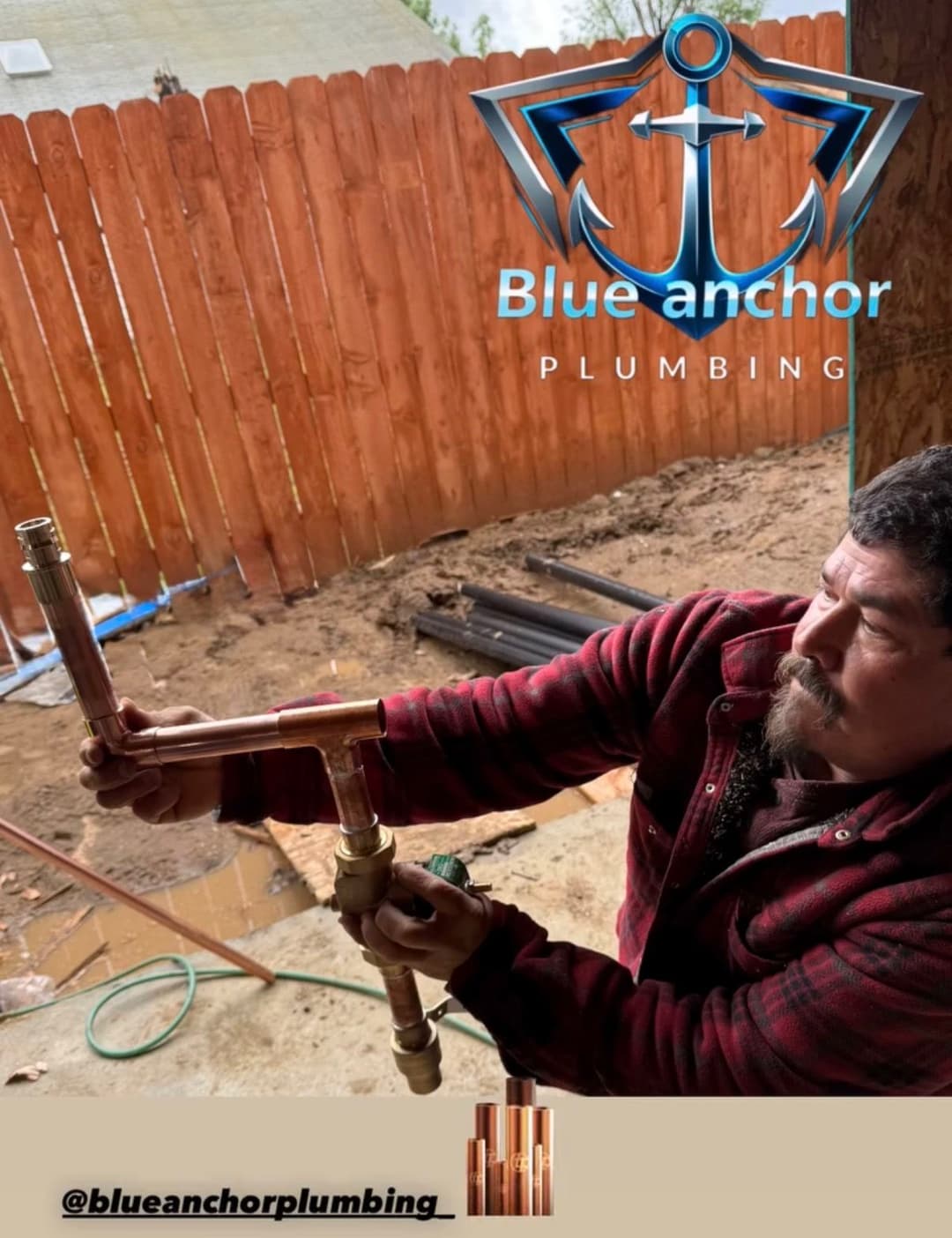 Plumber installing copper pipes for Blue Anchor Plumbing in a construction site.