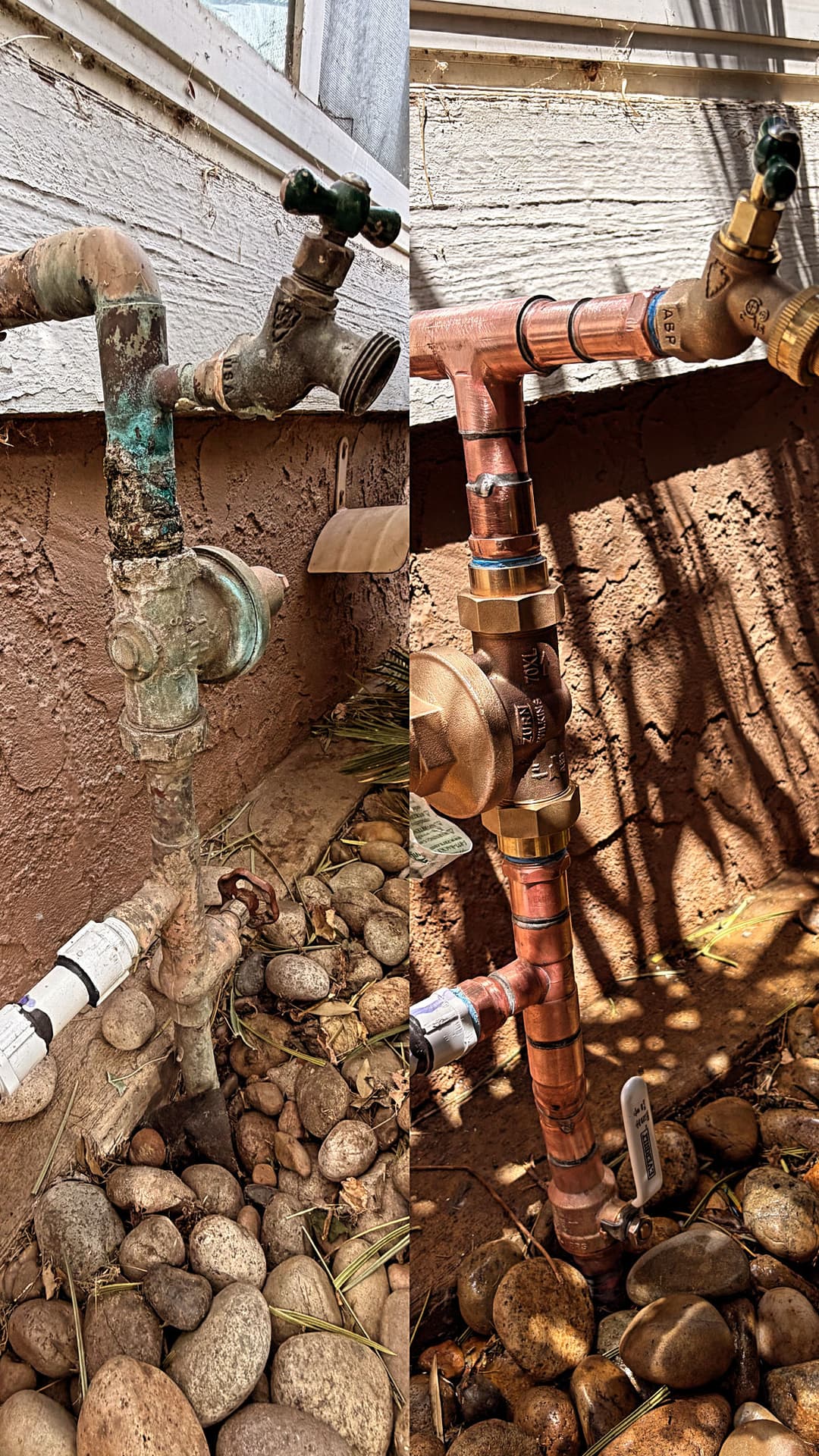 Before and after images of plumbing system showing corroded and new copper pipes.