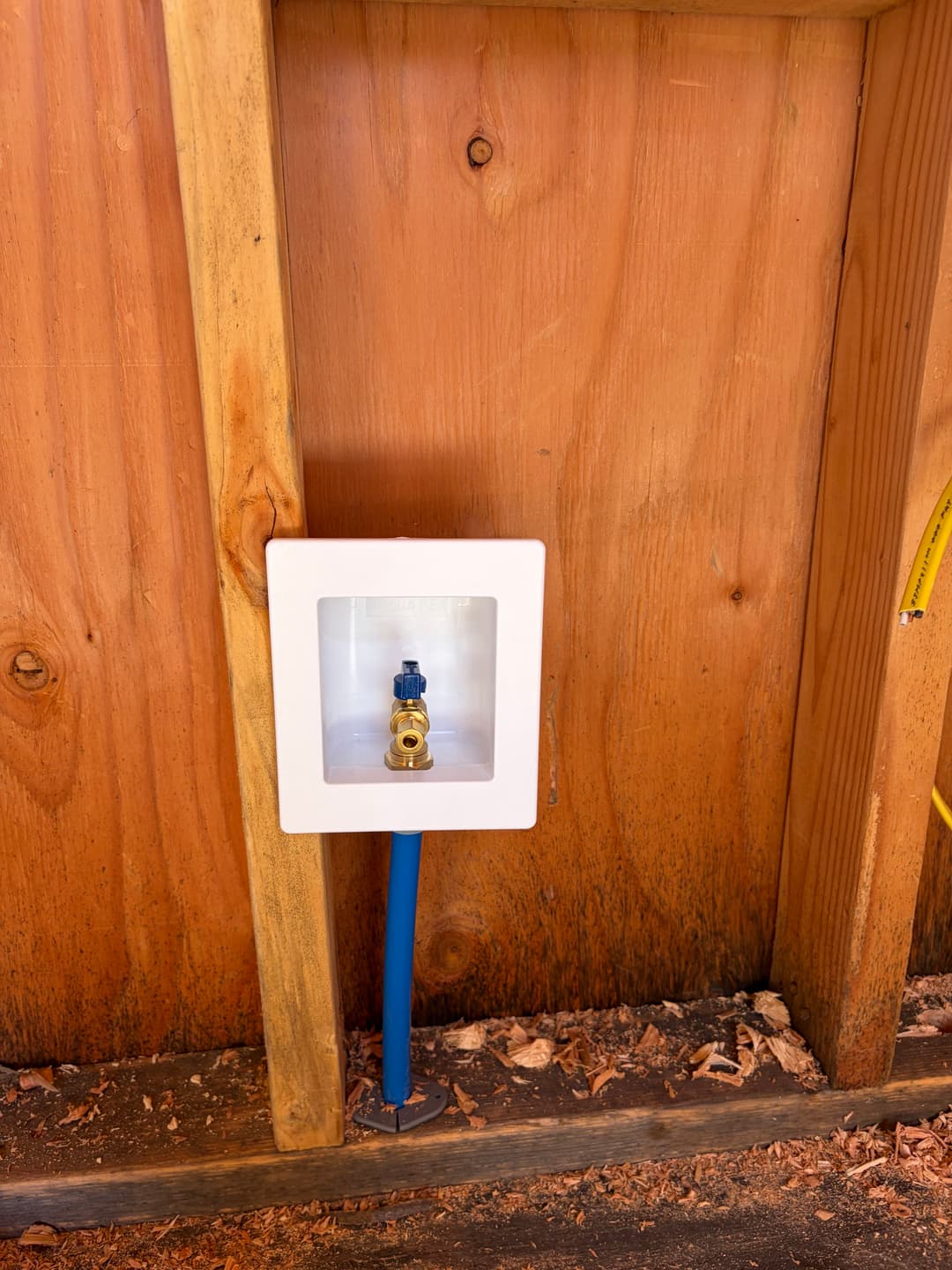 Water valve installed on wooden wall with blue tubing for plumbing access.